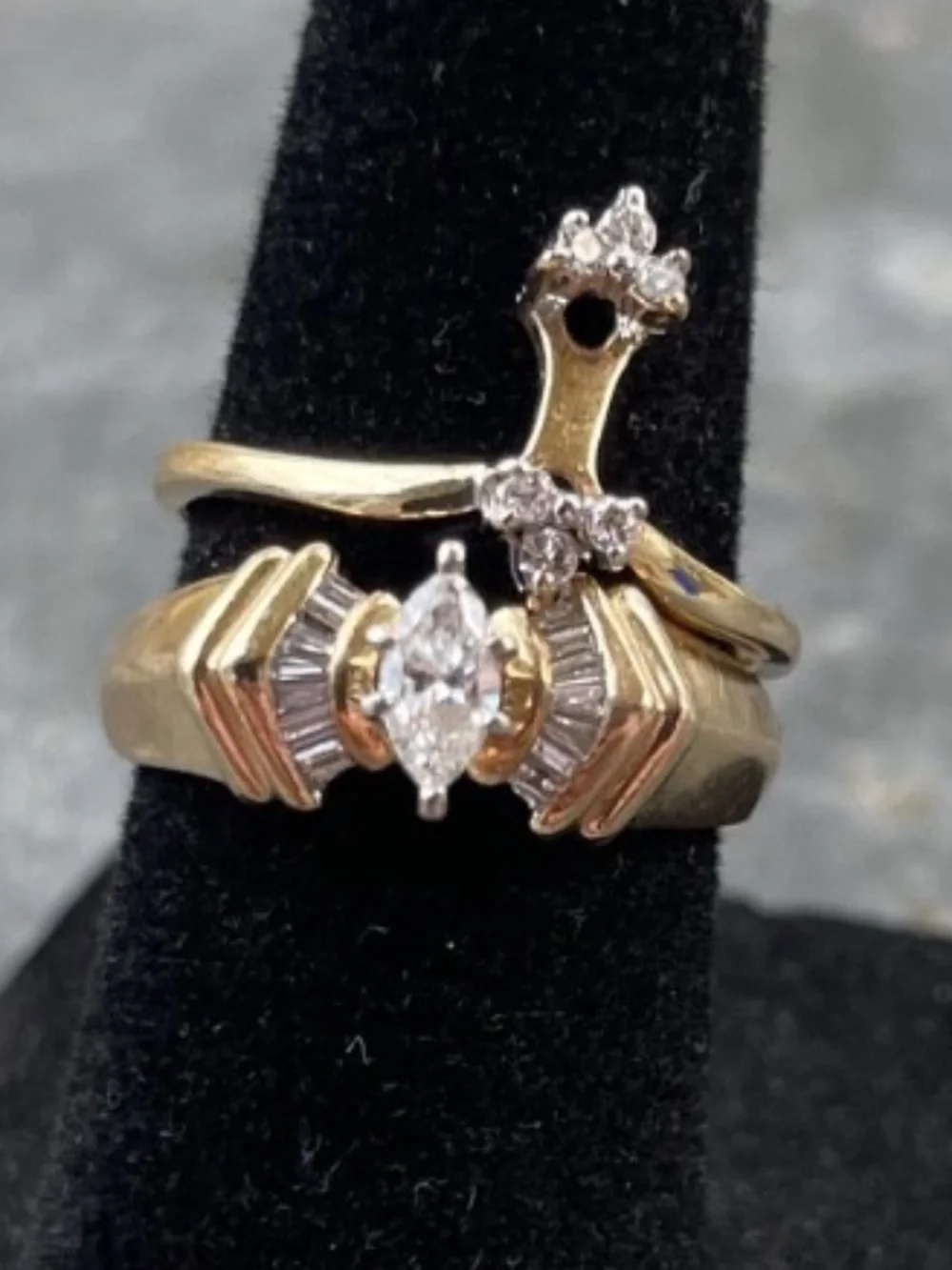 14k Gold Marquise Baguette Bridal Set 1990s--size 3.5 Rare, Vintage Petite Fit